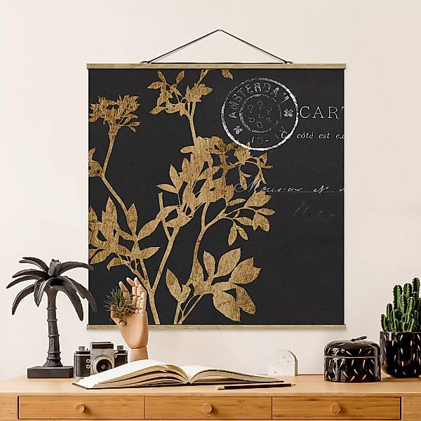 Stoffbild Blumen mit Posterleisten - Quadrat Goldene Blätter auf Mokka I günstig online kaufen