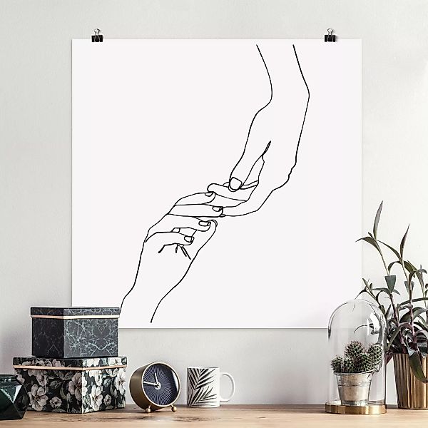 Poster - Quadrat Line Art Hände Berührung Schwarz Weiß günstig online kaufen