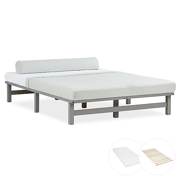 Homestyle4u Holzbett 140x200 mit Matratze Jugendbett Palettenbett Grau Futo günstig online kaufen