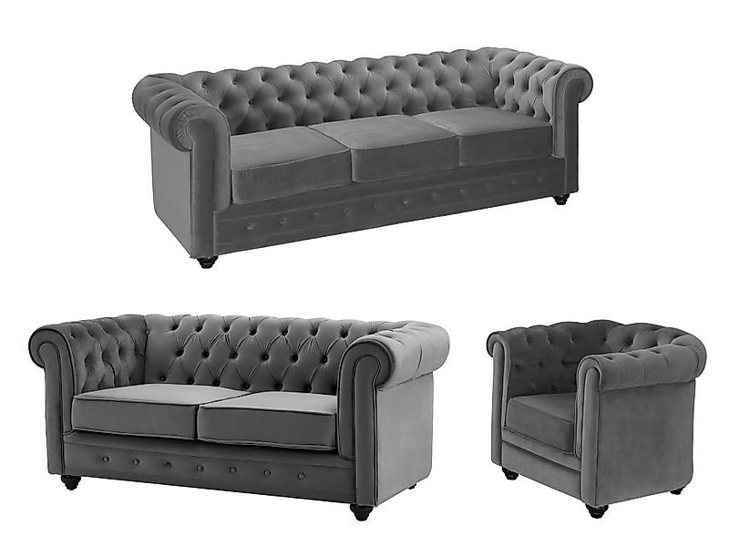 Sofa 3-Sitzer & 2-Sitzer & Sessel - Samt - Anthrazit - CHESTERFIELD günstig online kaufen