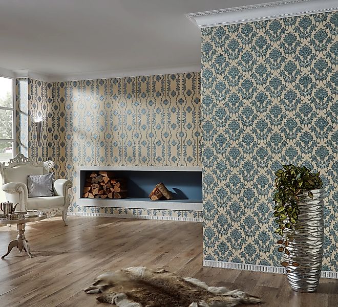Bricoflor Esszimmer und Wohnzimmer Tapete Ornament Vliestapete in Weiß Blau günstig online kaufen