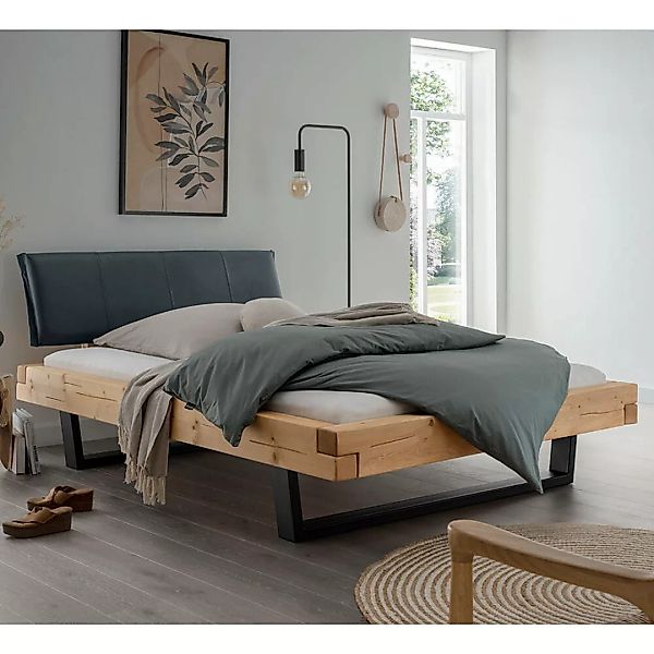 Massivholz Doppelbett, 180x200 cm, Fichte massiv, schwarzes Echtleder-Kopft günstig online kaufen