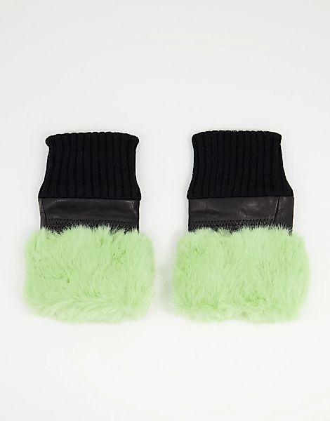 Jayley – Fingerlose Lederhandschuhe mit Kunstpelzbesatz in Grün günstig online kaufen