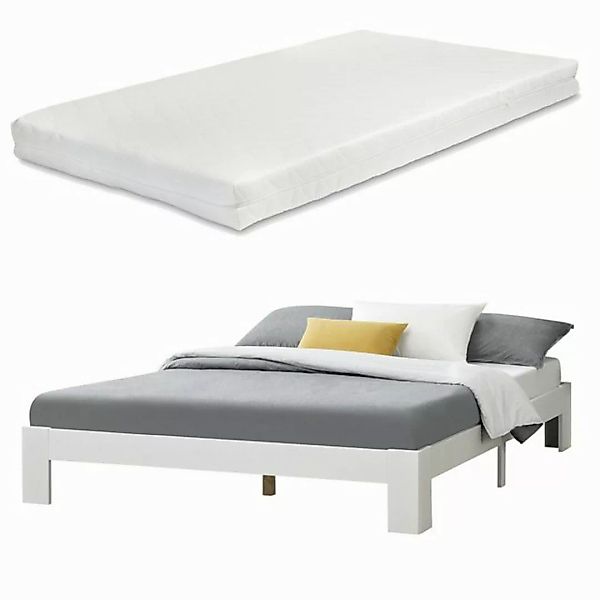 en.casa Holzbett, Raisio Doppelbett mit Matratze 140x200 cm Weiß günstig online kaufen