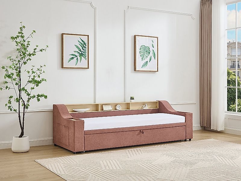 Ausziehbett - 2 x 80 x 200 cm - mit Stauraum & USB-Anschluss - Stoff - Rosa günstig online kaufen