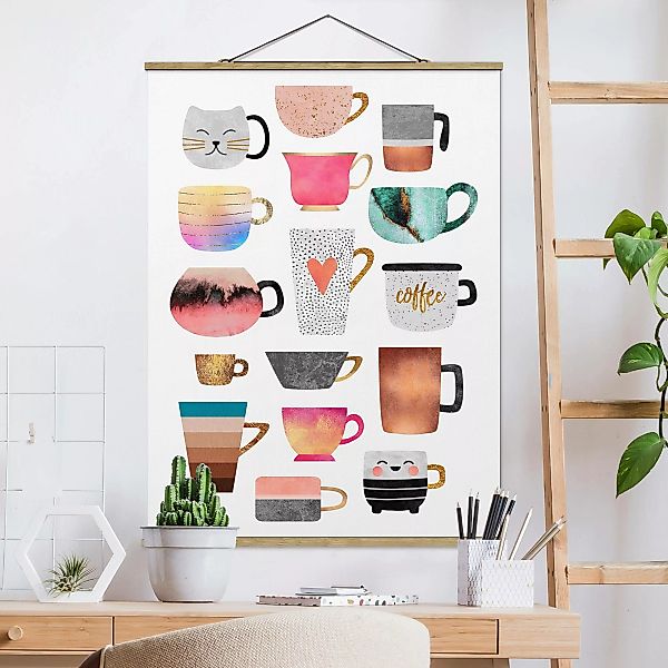 Stoffbild Kunstdruck mit Posterleisten - Hochformat Bunte Tassen mit Gold günstig online kaufen