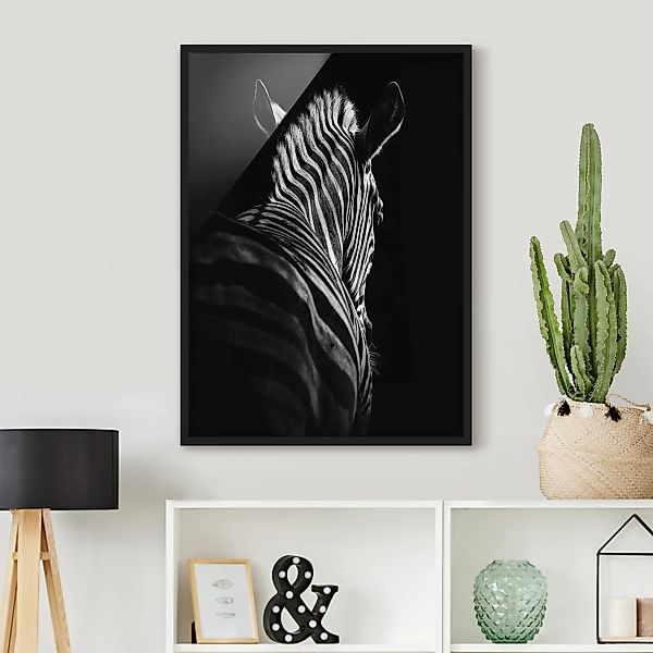 Bild mit Rahmen Schwarz-Weiß - Hochformat Dunkle Zebra Silhouette günstig online kaufen