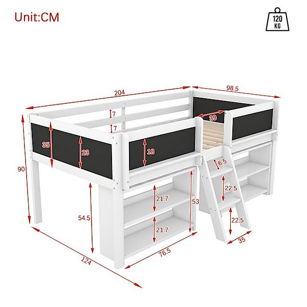 Flieks Hochbett Halbhohes Bett Kinderbett 90x200cm mit Tafel, Ablagefächer günstig online kaufen