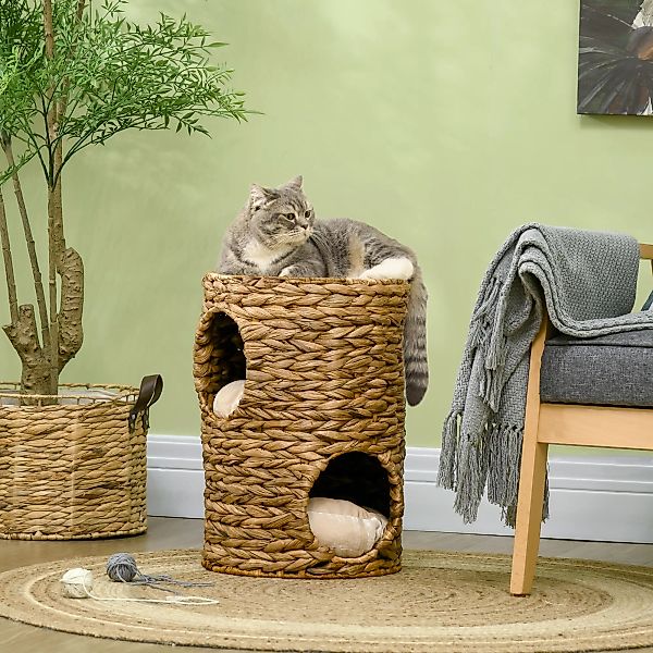 PawHut Kratztonne 47 cm mit 2 Ebenen  Katzenturm mit Kissen, aus Wasserhyaz günstig online kaufen