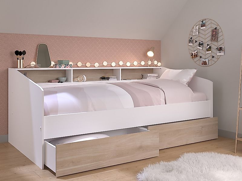 Bett mit Stauraum - 90 x 190/200 cm- Weiß & Holzfarben - PAULETTE günstig online kaufen