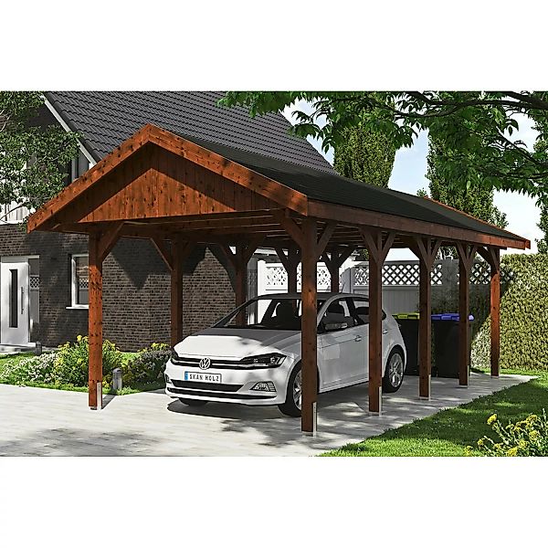 Satteldach-Carport Wallgau Nussbaum 380 x 750 cm schwarze Schindeln günstig online kaufen