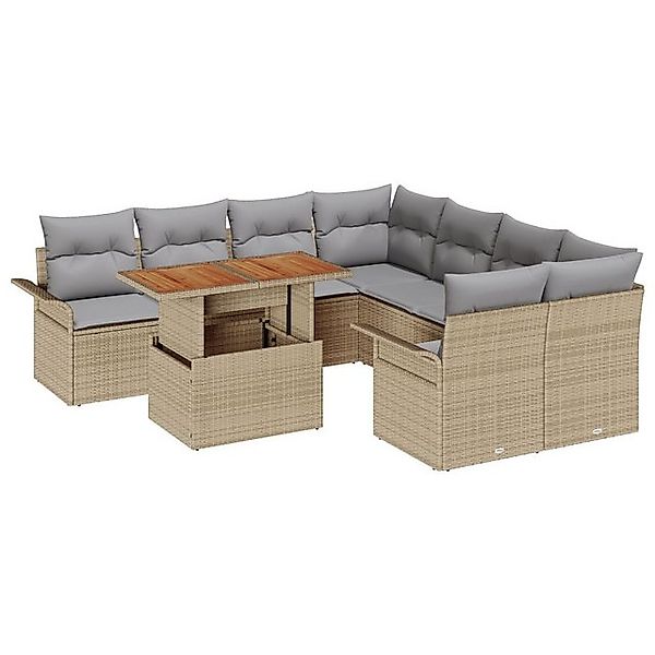 vidaXL Loungesofa 9-tlg. Garten-Sofagarnitur mit Kissen Beige Poly Rattan, günstig online kaufen