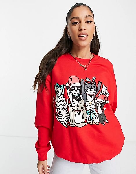 New Love Club – Sweatshirt mit weihnachtlicher Katzen-Grafik-Rot günstig online kaufen