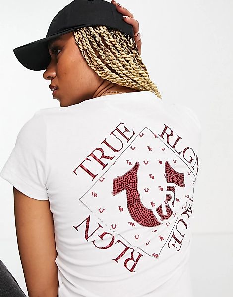 True Religion – Schmales T-Shirt in Weiß mit V-Ausschnitt und Folienlogo mi günstig online kaufen