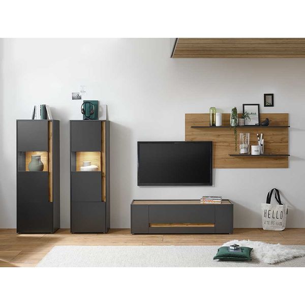 Wohnzimmer Schrankwand in Anthrazit und Wildeiche Optik 240 cm breit (viert günstig online kaufen