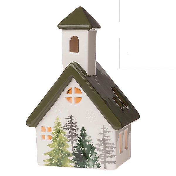 Weihnachts-Deko Windlicht Kirche 17 cm Weiß-Grün günstig online kaufen