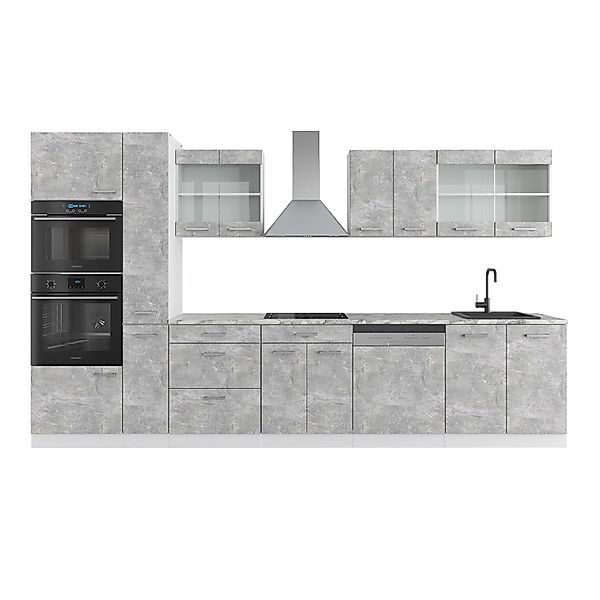 Vicco R-Line Küche Beton/Weiß 350 cm mit HochschrankAP Marmor günstig online kaufen