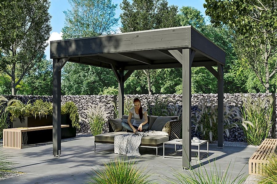 Skan Holz Holz-Pavillon Toulouse Schiefergrau lasiert 294 cm x 294 cm günstig online kaufen