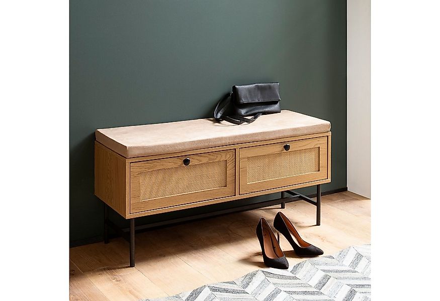 FINEBUY Schuhbank FB104622 Flurbank 100 cm Sitzbank Rattan Schuhregal Eiche günstig online kaufen