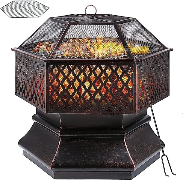 TLGREEN Feuerschale mit Grillrost und Funkenschutz, (Sechseckige Feuerstell günstig online kaufen