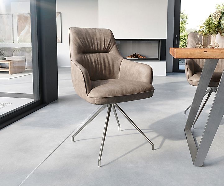 Esszimmerstuhl Zelia-Flex mit Armlehnen Mikrofaser Taupe Vintage Kreuzgeste günstig online kaufen