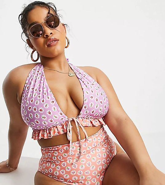 ASOS DESIGN Curve – Bikiniunterteil mit hoher Taille und Blümchenmuster-Mix günstig online kaufen