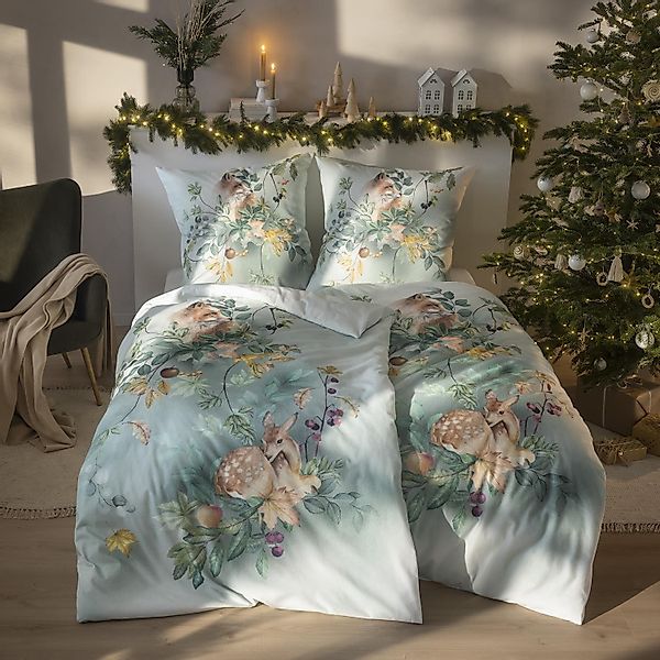 Estella Flanell Bettwäsche Ferdinand 4468-530 Reh Fuchs Grün 135x200 günstig online kaufen