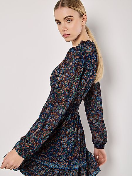 Apricot Druckkleid Mini-Rüschenkleid, mit gesmokter Taille günstig online kaufen