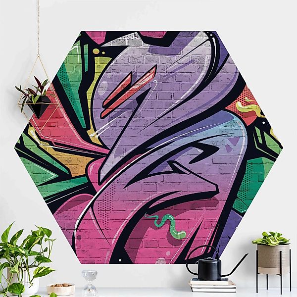 Hexagon Mustertapete selbstklebend Bunte Graffiti Backsteinwand günstig online kaufen