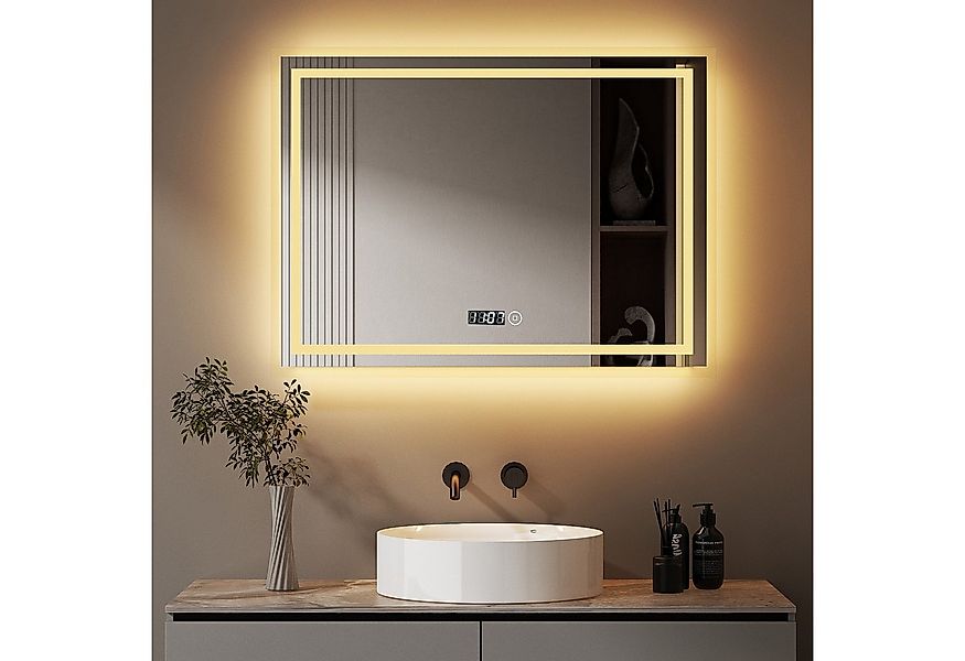 WDWRITTI Badspiegel Badezimmerspiegel Led 100x60 80x60 Uhr 3 Lichtfarbe Hel günstig online kaufen