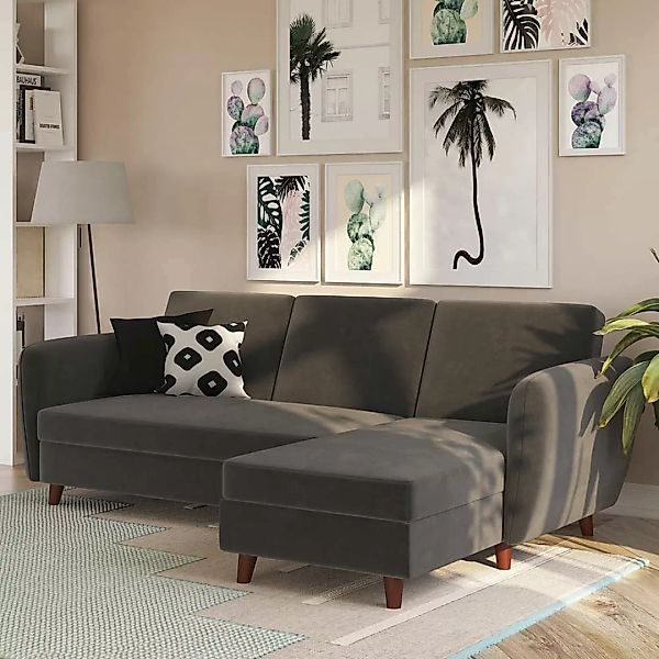 Ausklappbares Sofa Samt grau 221 cm breit 153 cm tief günstig online kaufen