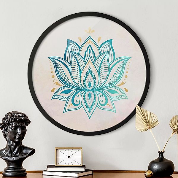 Rundes Gerahmtes Bild Lotus Illustration Mandala gold blau günstig online kaufen