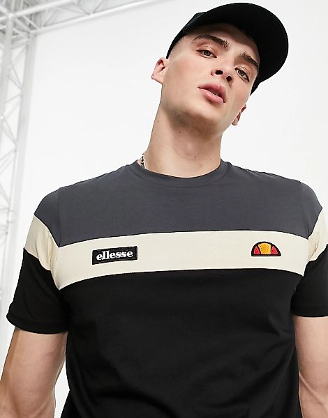 ellesse – T-Shirt mit Farbblockdesign in Schwarz und Anthrazit, exklusiv be günstig online kaufen