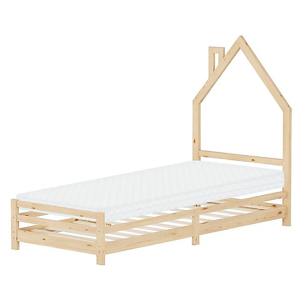 ML-Design Kinderbett Haus 90x200 cm mit Matratze H10 cm Natur Holz günstig online kaufen