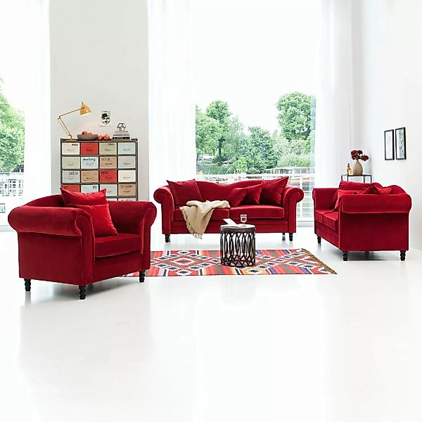 home24 Jack & Alice Sofa York 2-Sitzer Rot Samtstoff 185x84x79 cm günstig online kaufen