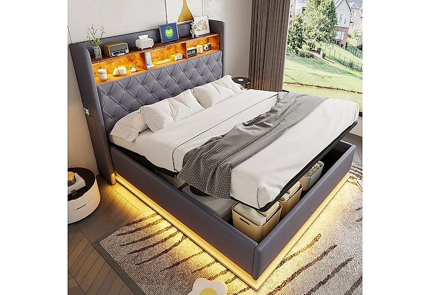 HAUSS SPOLE Polsterbett 160x200cm Stauraumbett mit USB-Ladeanschluss, LED-L günstig online kaufen