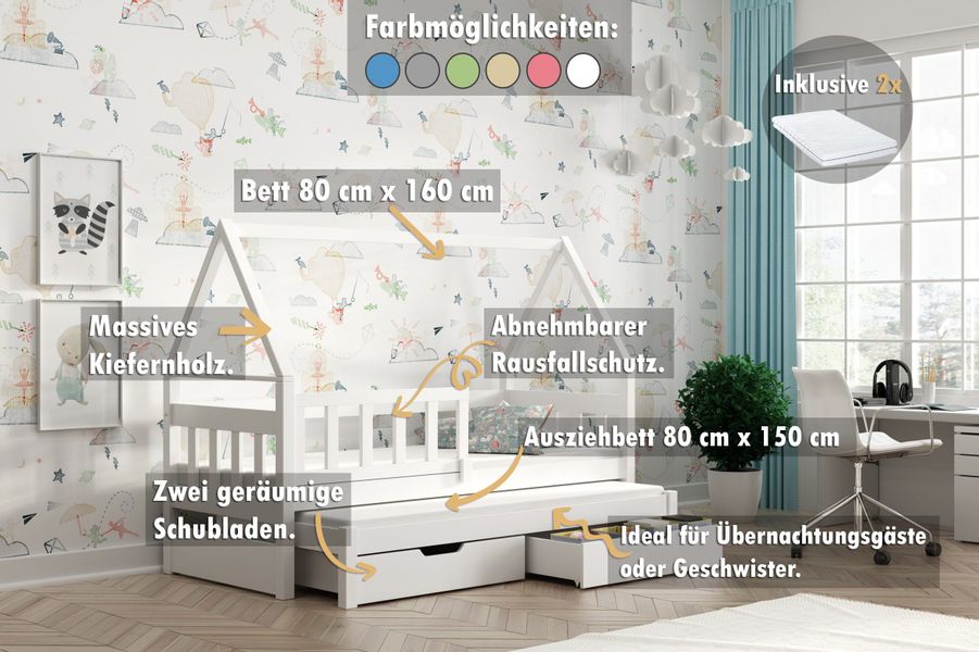 thematys Kinderbett mit Rausfallschutz und Ausziehbett günstig online kaufen