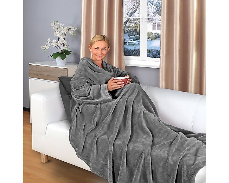 Wohndecke flauschige, tragbare Kuscheldecke mit Ärmeln und Fußtasche 180x15 günstig online kaufen