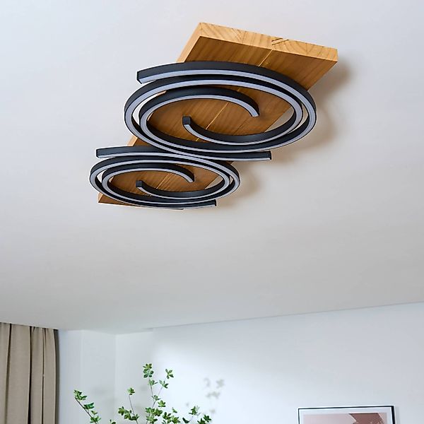 LED-Deckenlampe Rifia, braun, 70 cm, 2-flg., Holz, dimmbar günstig online kaufen