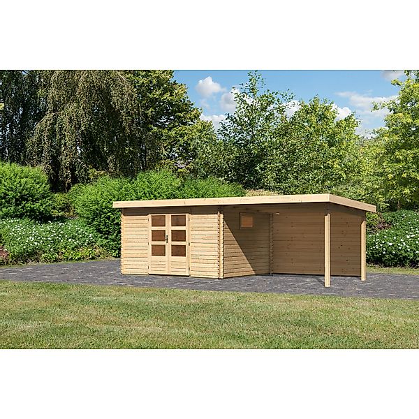 Karibu Gartenhaus Jeebel 4 m. Anbaudach 3,3 m Rückwand Natur günstig online kaufen