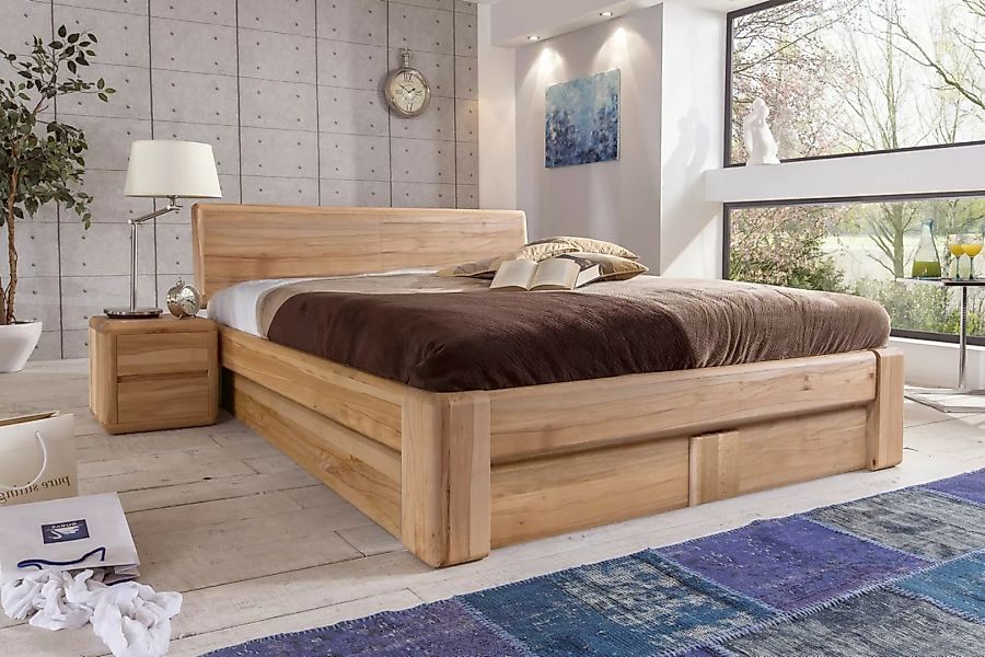 Doppelbett 200x200 mit Bettkasten Lattenrost Kernbuche massiv mit Holzkopft günstig online kaufen