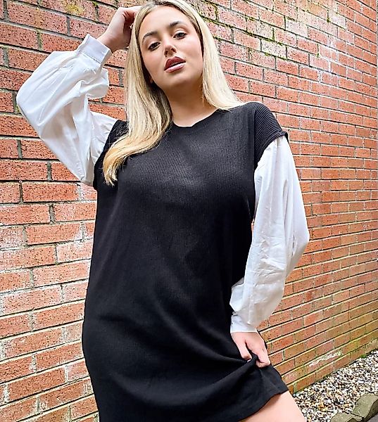 Vero Moda Curve – Schwarzes Sweatshirtkleid mit Ärmeln aus Popeline-Mehrfar günstig online kaufen