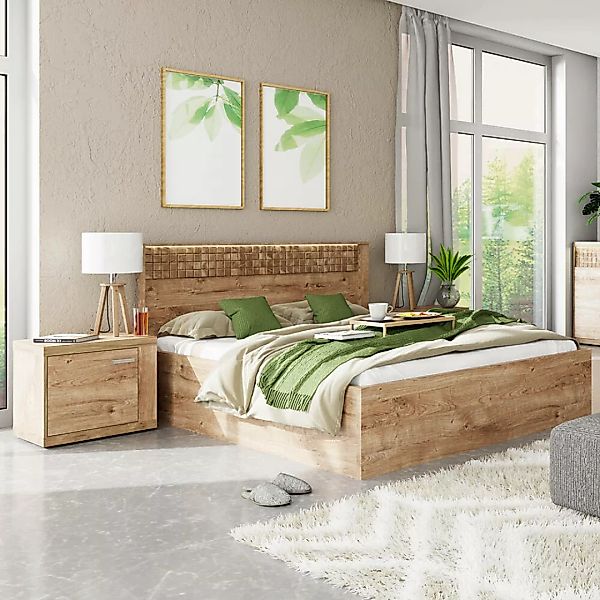 Schlafzimmer Set 3-teilig inkl. Bettgestell 160x200 cm in Eiche NUSCO-161, günstig online kaufen