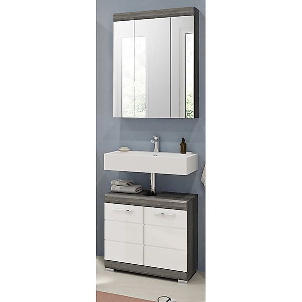 Inn.Furn Badmöbel-Set Weiß Hochglanz Grau 2-teilig 60 cm Viel Stauraum Shaw günstig online kaufen