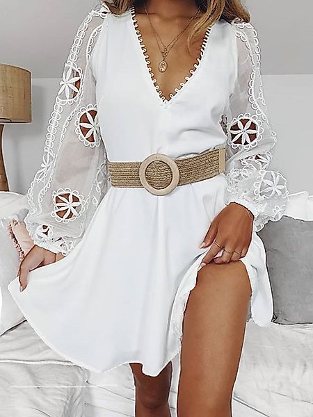 YOINS Weißer Gürtel Hohle V-Ausschnitt Laternenärmel Kleid günstig online kaufen