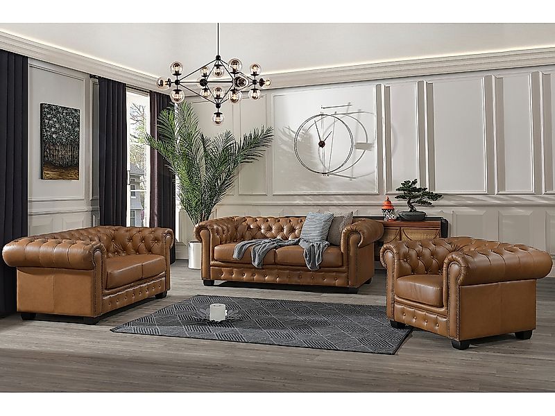 Chesterfield Ledersofa 2-Sitzer - Büffelleder - Karamellbraun - BRENTON günstig online kaufen