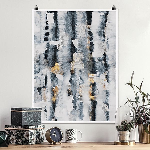 Poster - Hochformat Abstraktes Aquarell mit Gold günstig online kaufen