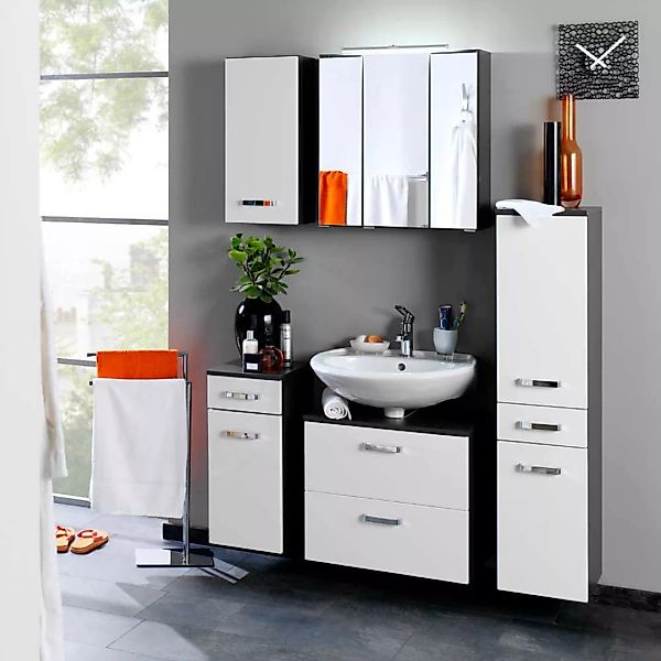 Badezimmermöbel Set in Weiß Hochglanz Graphit Grau (fünfteilig) günstig online kaufen