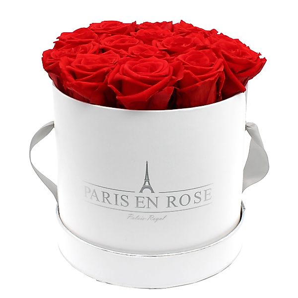 Rosenbox Ø 19 cm Weiß-Silber mit 14 Roten Rosen günstig online kaufen