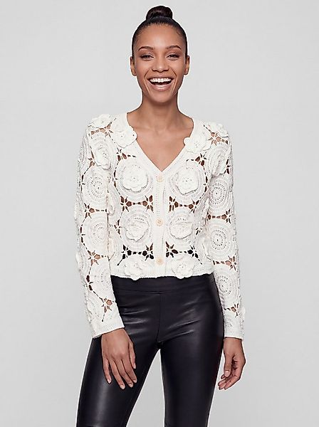 PEKIVESSA Cardigan Häkeljacke mit Blütenapplikationen Taillenlange Passform günstig online kaufen